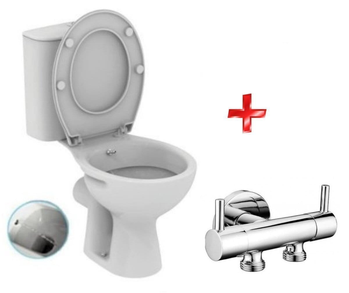 Kompaktiškas tualetas su bidė funkcija su sėdyne, horizontalus nutekėjimas + dvigubas vožtuvas bidė prijungimui kaina ir informacija | Klozetai | pigu.lt