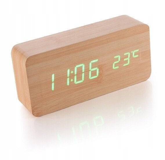Modernus medinis LED laikrodis su žadintuvu ir termometru цена и информация | Originalūs laikrodžiai | pigu.lt