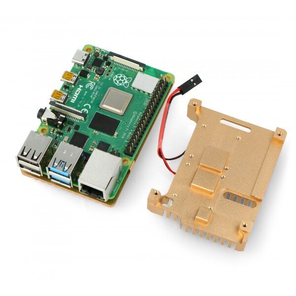 Raspberry Pi 4B aliumininis radiatorius su dviem ventiliatoriais - dėžutė auksinės spalvos цена и информация | Atviro kodo elektronika | pigu.lt