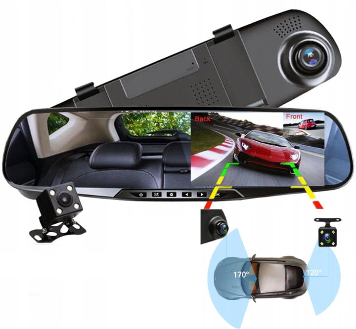 Automobilio veidrodėlis su ekranu, vaizdo registratorius su priekine ir galine kamera Full HD цена и информация | Vaizdo registratoriai | pigu.lt
