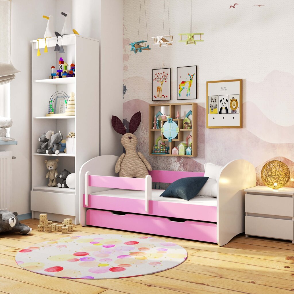 Lova su čiužiniu, patalynės dėže ir nuimama apsauga NORE Smile, 140x70 cm, rožinė/balta kaina ir informacija | Vaikiškos lovos | pigu.lt