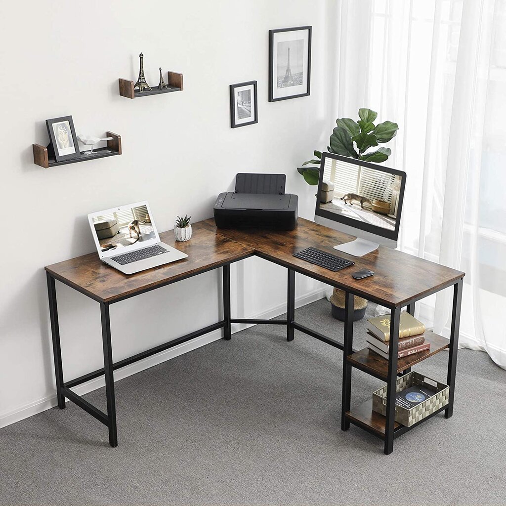 Kampinis stalas Vasagle LWD72X juoda, ruda kaina ir informacija | Kompiuteriniai, rašomieji stalai | pigu.lt