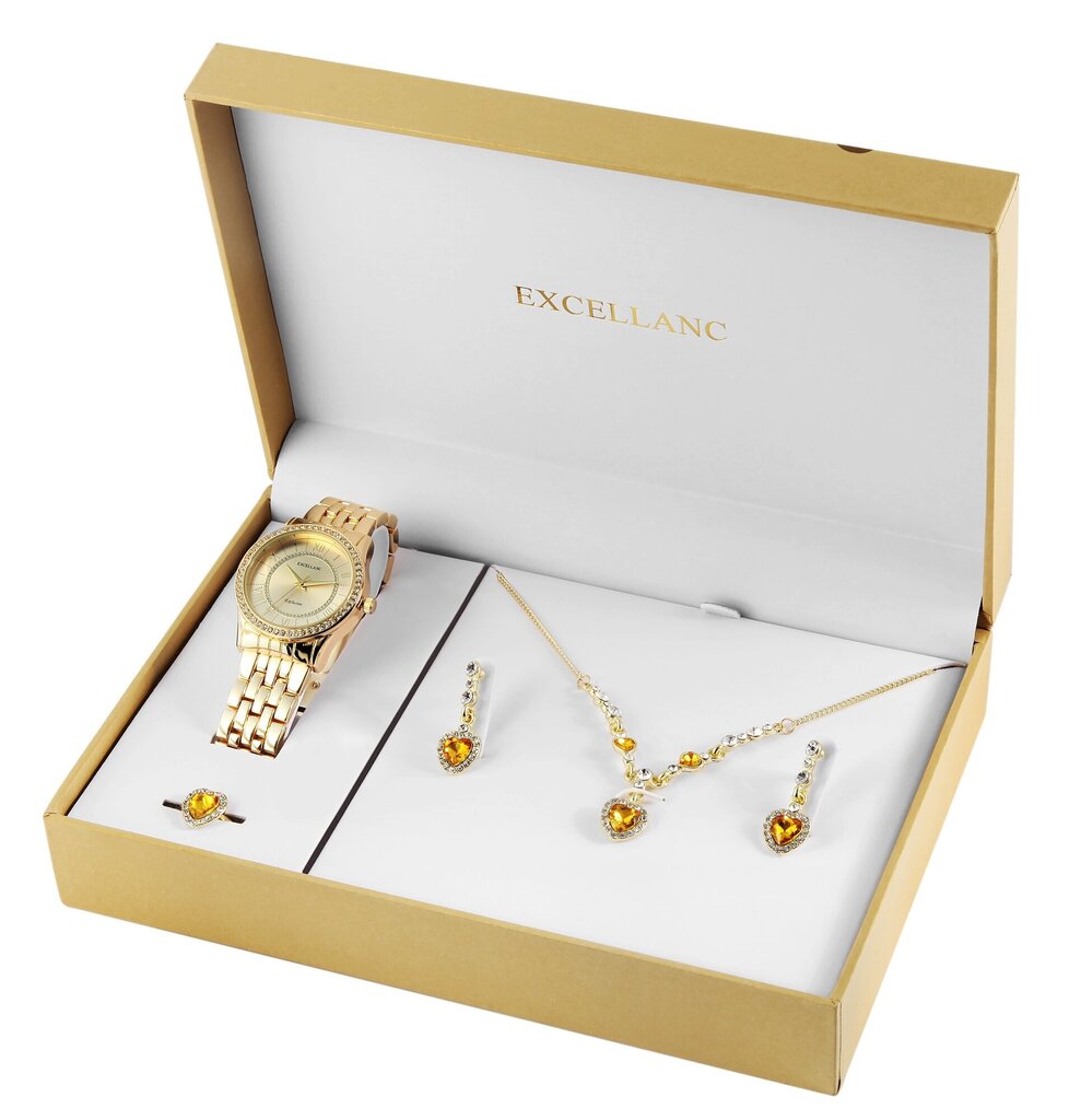 Papuošalų rinkinys moterims Excellanc laikrodis, auskarai, grandinėlė su pakabuku ir žiedas, aukso spalvos kaina ir informacija | Papuošalų rinkiniai | pigu.lt