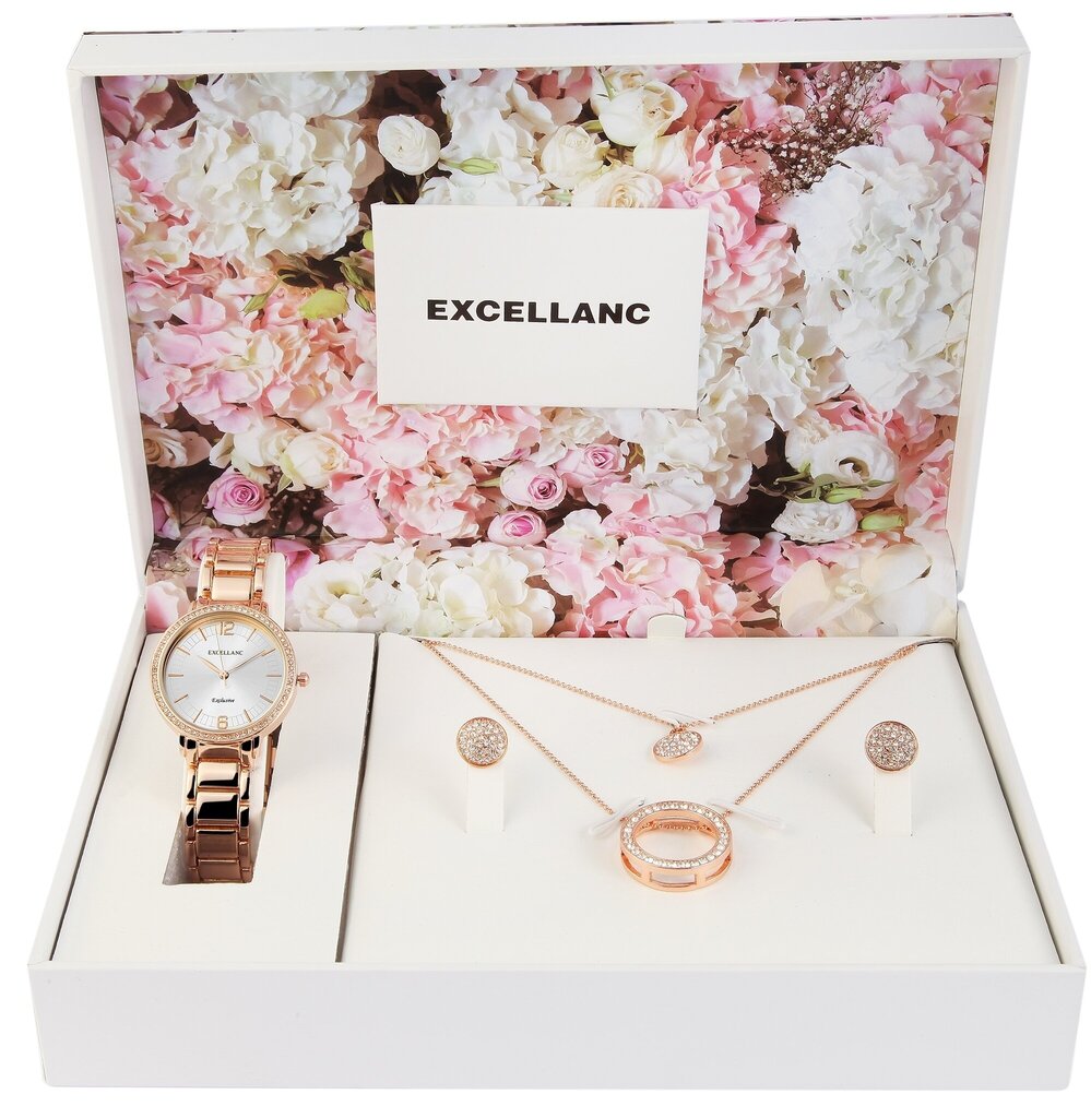 Papuošalų rinkinys moterims Excellanc: laikrodis, auskarai ir grandinėlė su pakabukais, aukso spalvos kaina ir informacija | Papuošalų rinkiniai | pigu.lt