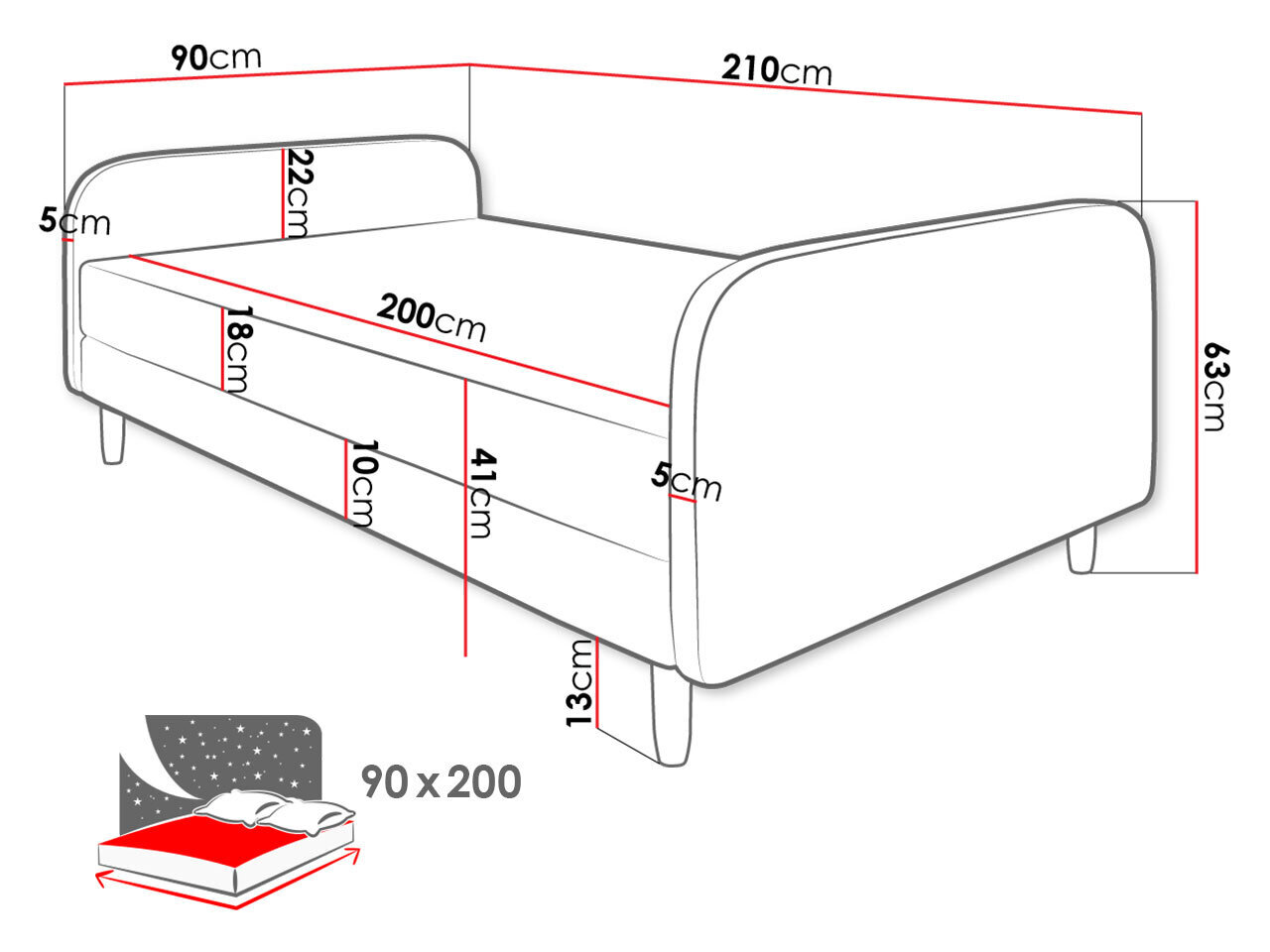 Lova Moriba 3 90x200cm, juoda kaina ir informacija | Lovos | pigu.lt