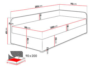 Lova Draban 90x200cm, tamsiai pilka/raudona kaina ir informacija | Lovos | pigu.lt