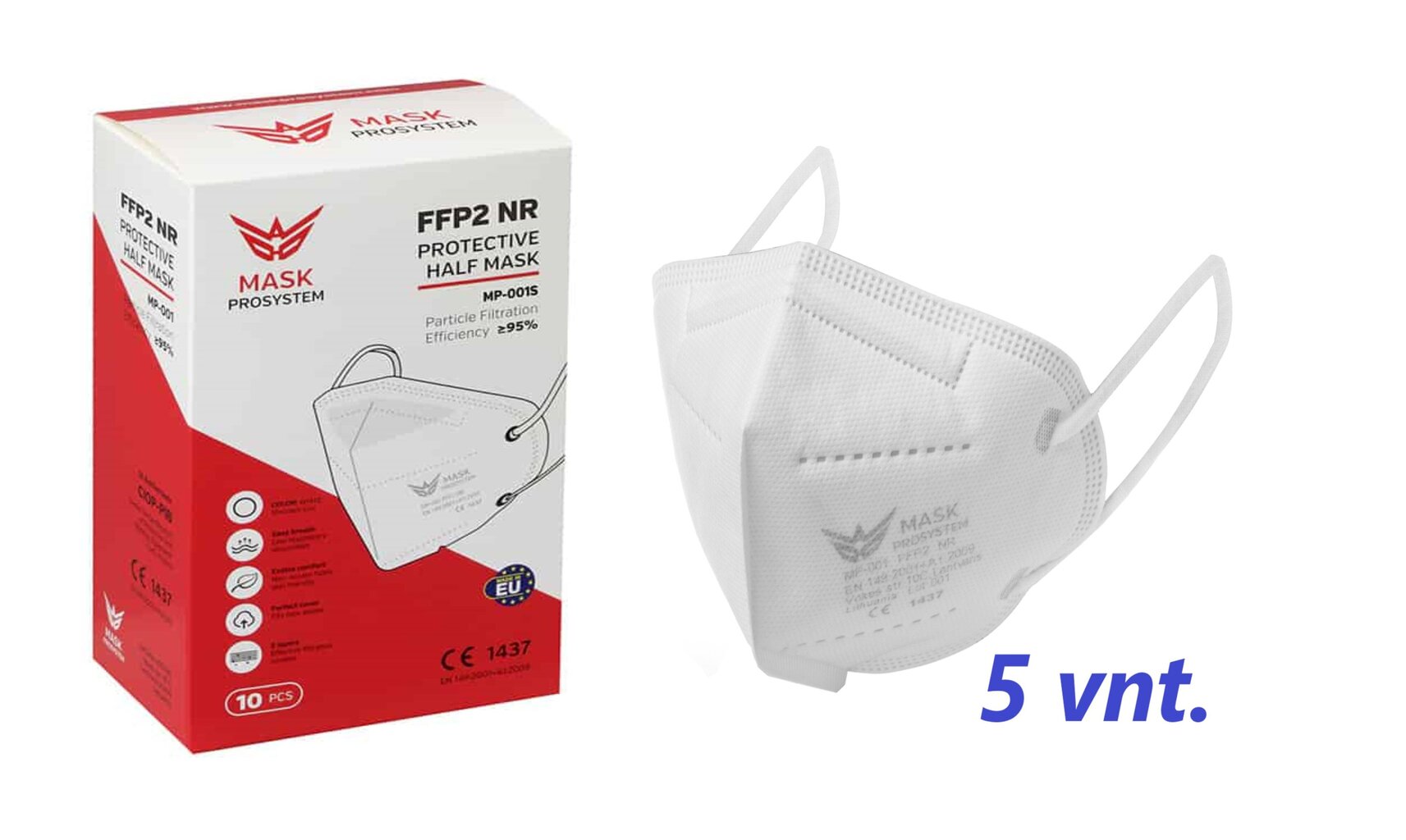 Respiratorius FFP2, 5 sluoksnių, pagamintas Lietuvoje, baltas, 5 vnt. kaina ir informacija | Pirmoji pagalba | pigu.lt