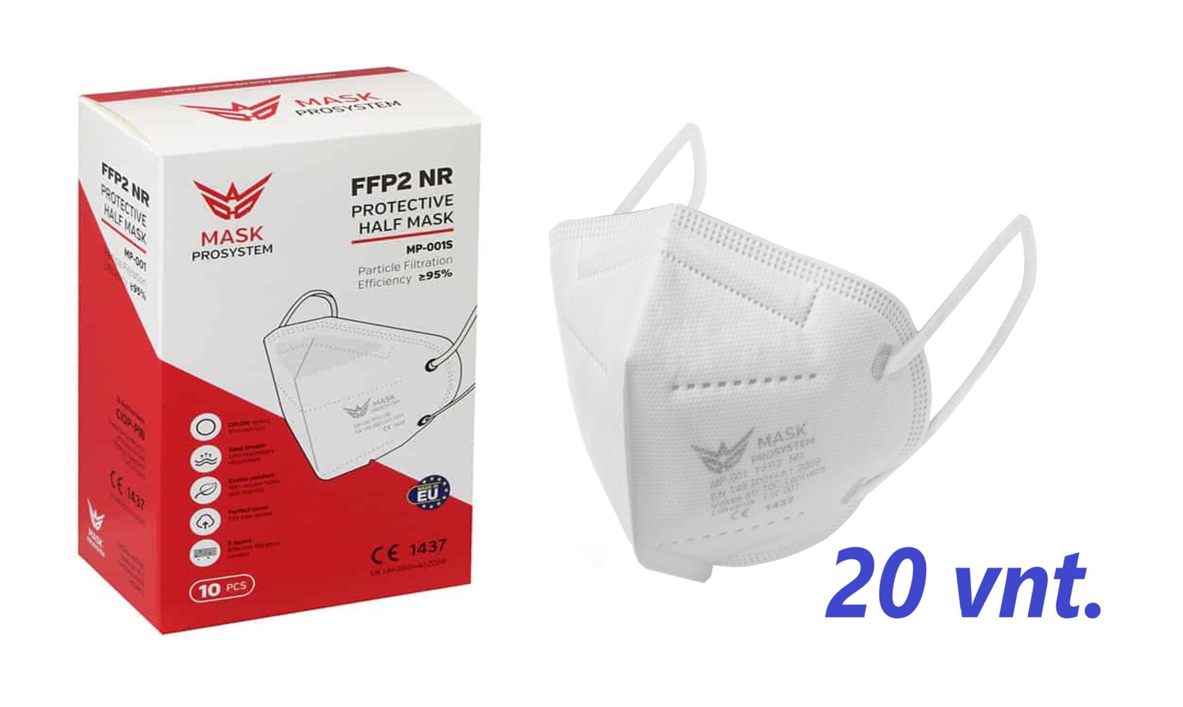 Respiratorius FFP2, 5 sluoksnių, pagamintas Lietuvoje, baltas, 20 vnt. kaina ir informacija | Pirmoji pagalba | pigu.lt