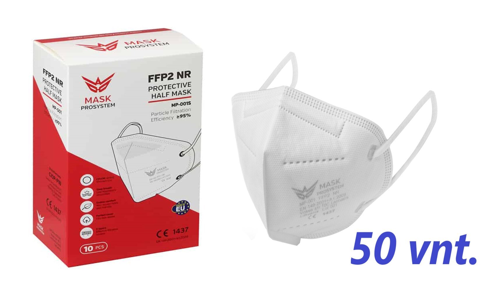 Respiratorius FFP2, 5 sluoksnių, pagamintas Lietuvoje, baltas, 50 vnt. kaina ir informacija | Pirmoji pagalba | pigu.lt