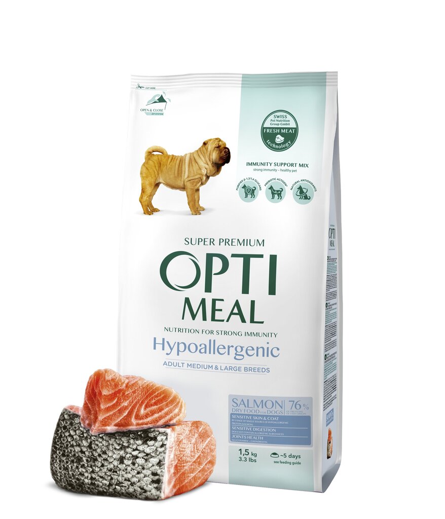 Optimeal™. Hipoalerginis visavertis sausas maistas suaugusiems, vidutinių ir didelių veislių šunims su lašiša, 1.5 kg. kaina ir informacija | Sausas maistas šunims | pigu.lt