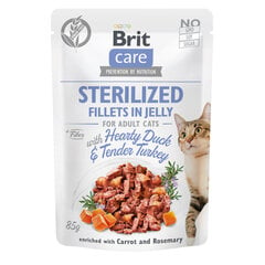 Brit Care Sterilized Fillets in Jelly sterilizuotoms katėms su antiena ir kalakutiena, 24 x 85 g kaina ir informacija | Konservai katėms | pigu.lt
