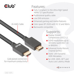 Club 3D CAC-1375, HDMI, 5 m kaina ir informacija | Kabeliai ir laidai | pigu.lt