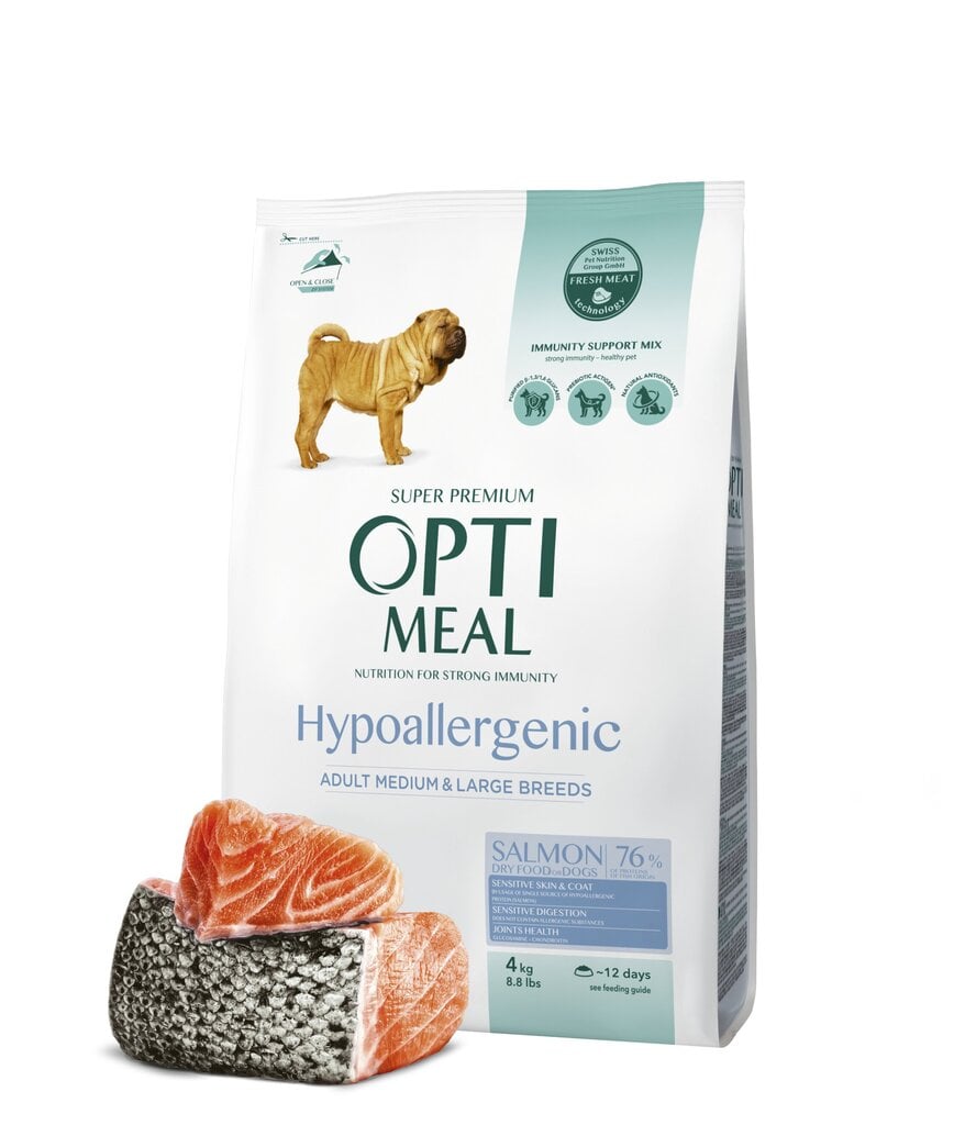 Optimeal™. Hipoalerginis visavertis sausas maistas vidutinių ir didelių veislių suaugusiems šunims su lašiša, 4 kg. цена и информация | Sausas maistas šunims | pigu.lt