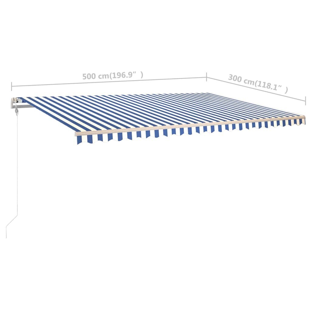 vidaXL Rankiniu būdu ištraukiama markizė su LED, mėlyna ir balta, 5x3m kaina ir informacija | Skėčiai, markizės, stovai | pigu.lt