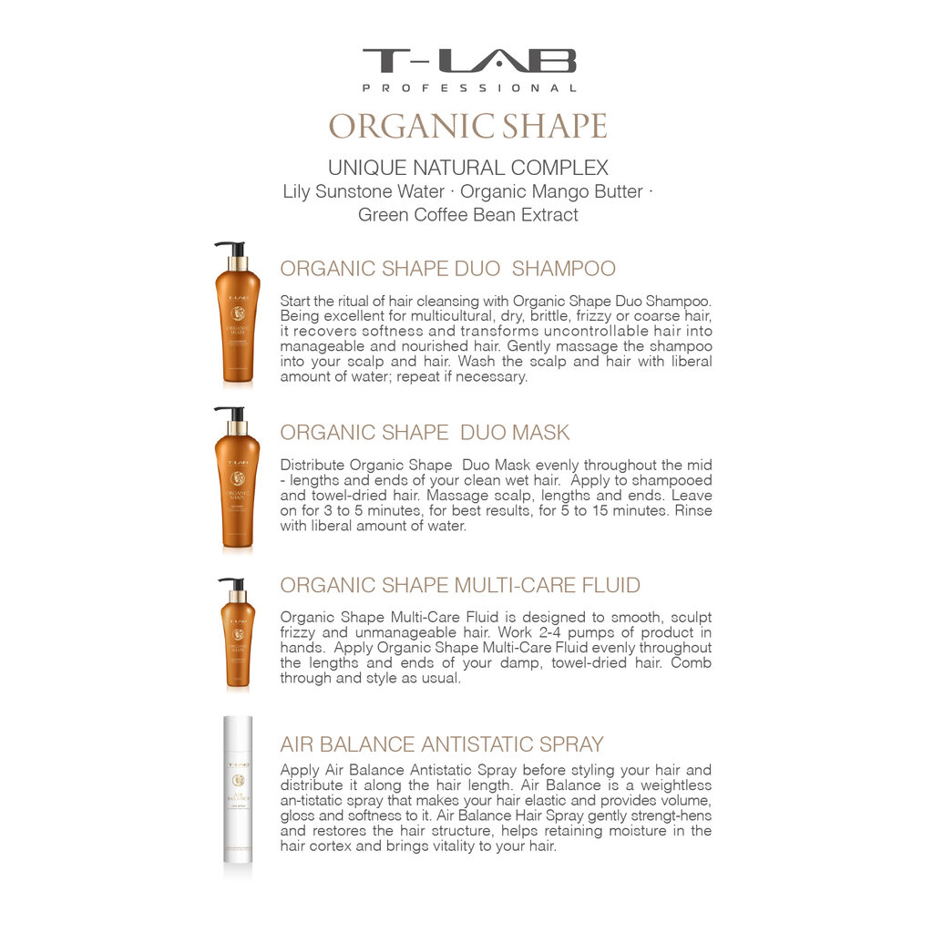 Garbanotų ar sunkiai suvaldomų plaukų kaukė T-LAB Professional Organic Shape DUO Mask ,300 ml kaina ir informacija | Priemonės plaukų stiprinimui | pigu.lt