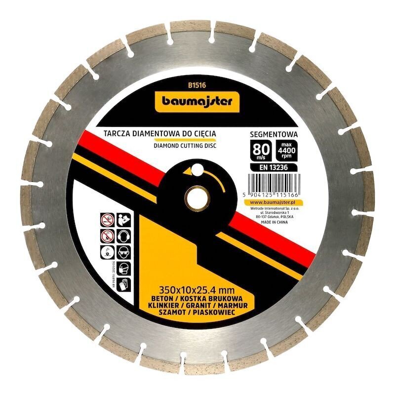 Deimantinis pjovimo diskas Baumajster, 350x10x2,54 mm kaina ir informacija | Mechaniniai įrankiai | pigu.lt