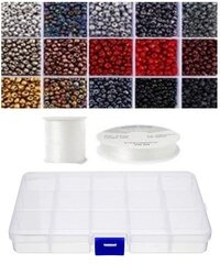 Siūlų ir stiklinių apvalių karoliukų (biserio) 6/0 RainBow® 15 tamsių spalvų po 10 g rinkinys su dėžute kaina ir informacija | Papuošalų gamybai, vėrimui | pigu.lt