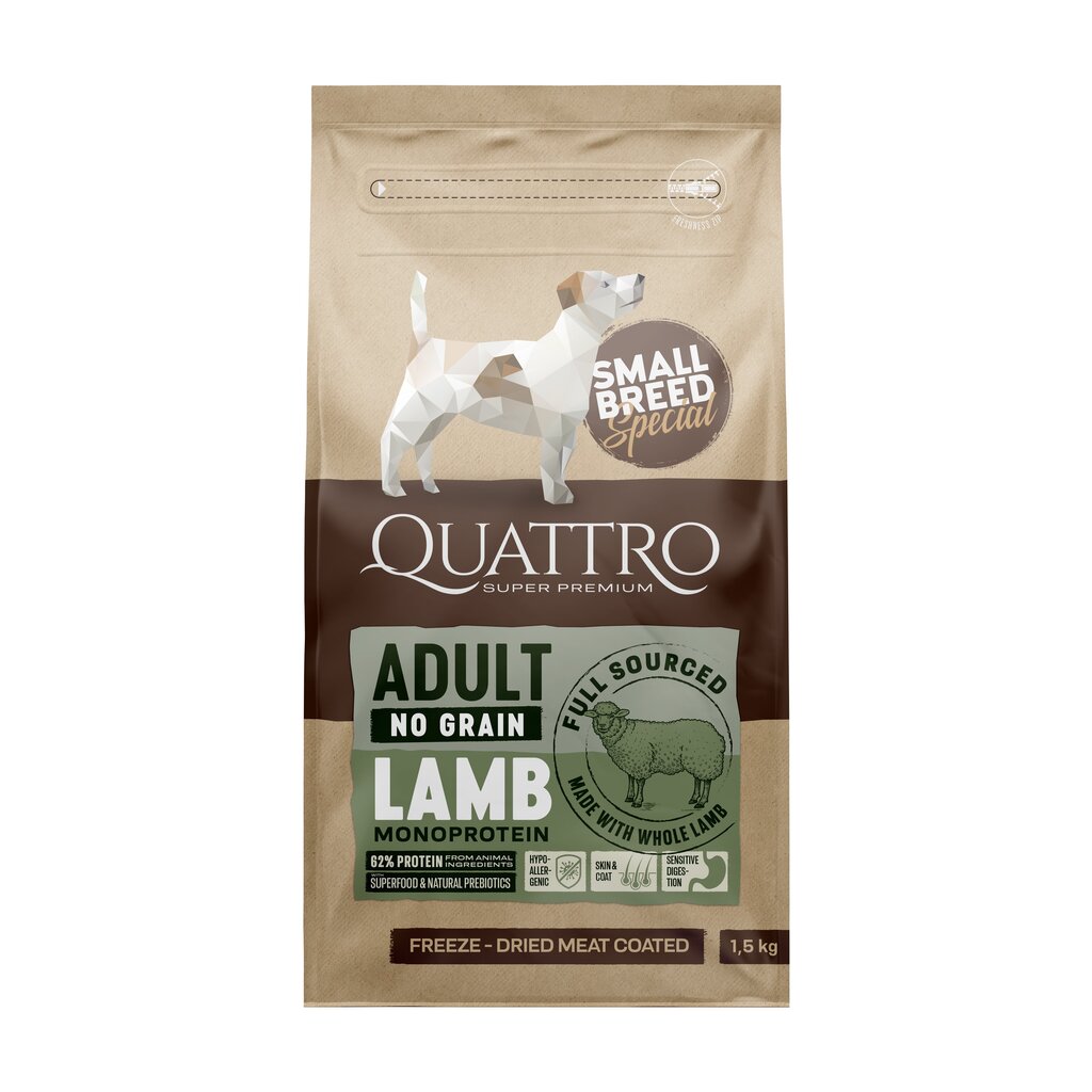 Quattro Small Breed Adult sausas begrūdis monoproteininis maistas mažų veislių šunims su ėriena, 7kg цена и информация | Sausas maistas šunims | pigu.lt