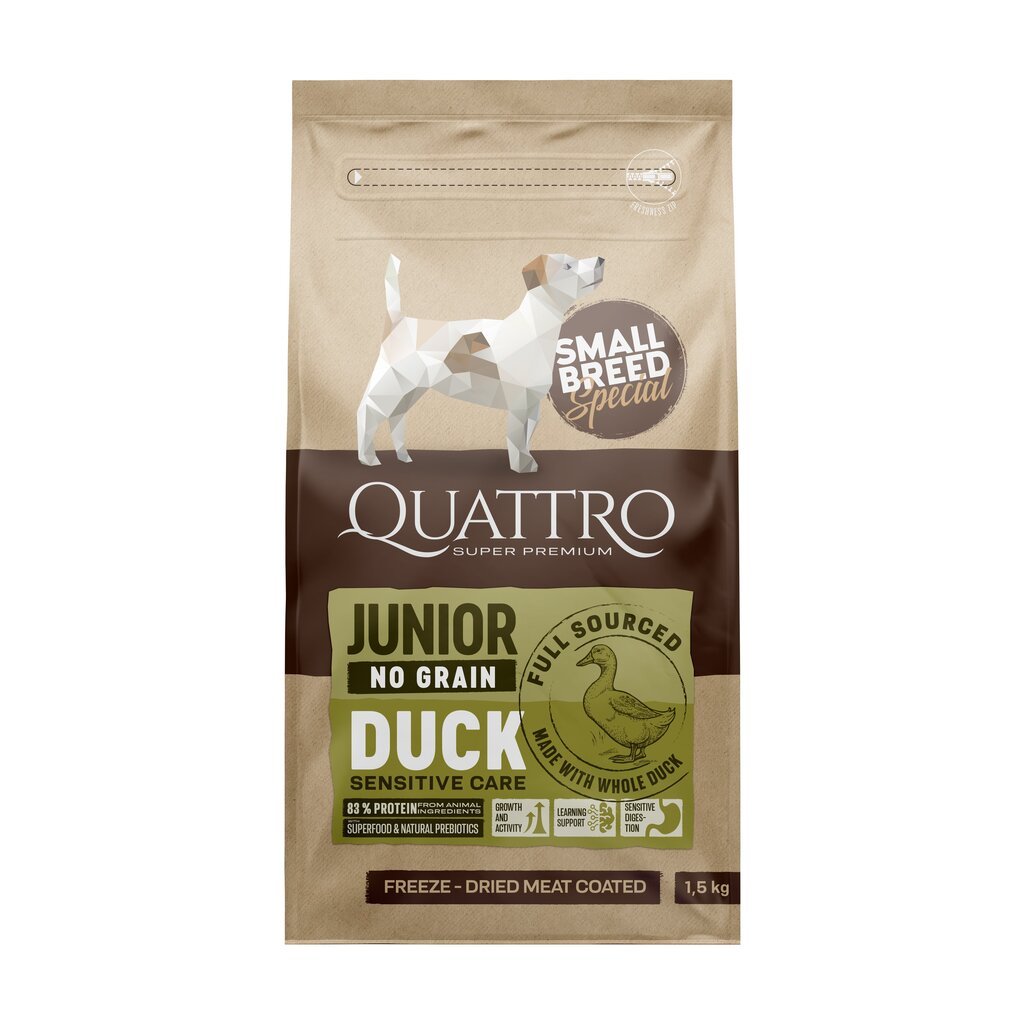 Quattro Small breed Junior sausas begrūdis maistas mažų veislių šunims su antiena, 1.5kg kaina ir informacija | Sausas maistas šunims | pigu.lt