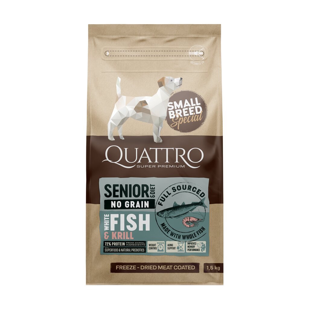 Quattro Small Breed Senior and Diet sausas begrūdis maistas mažų veislių šunims su balta žuvimi, 7kg kaina ir informacija | Sausas maistas šunims | pigu.lt