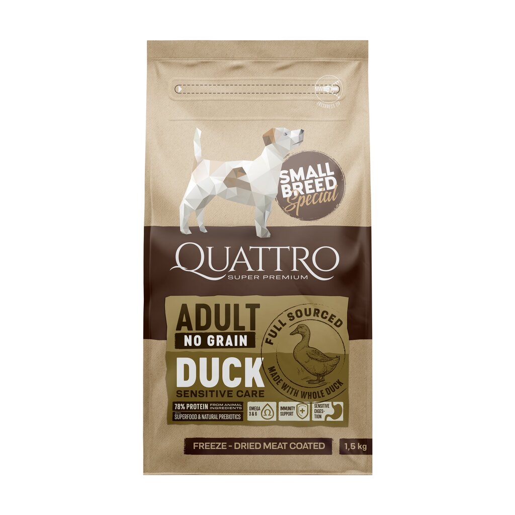 Quattro Small Breed Adult sausas begrūdis maistas mažų veislių šunims su antiena, 1.5kg цена и информация | Sausas maistas šunims | pigu.lt
