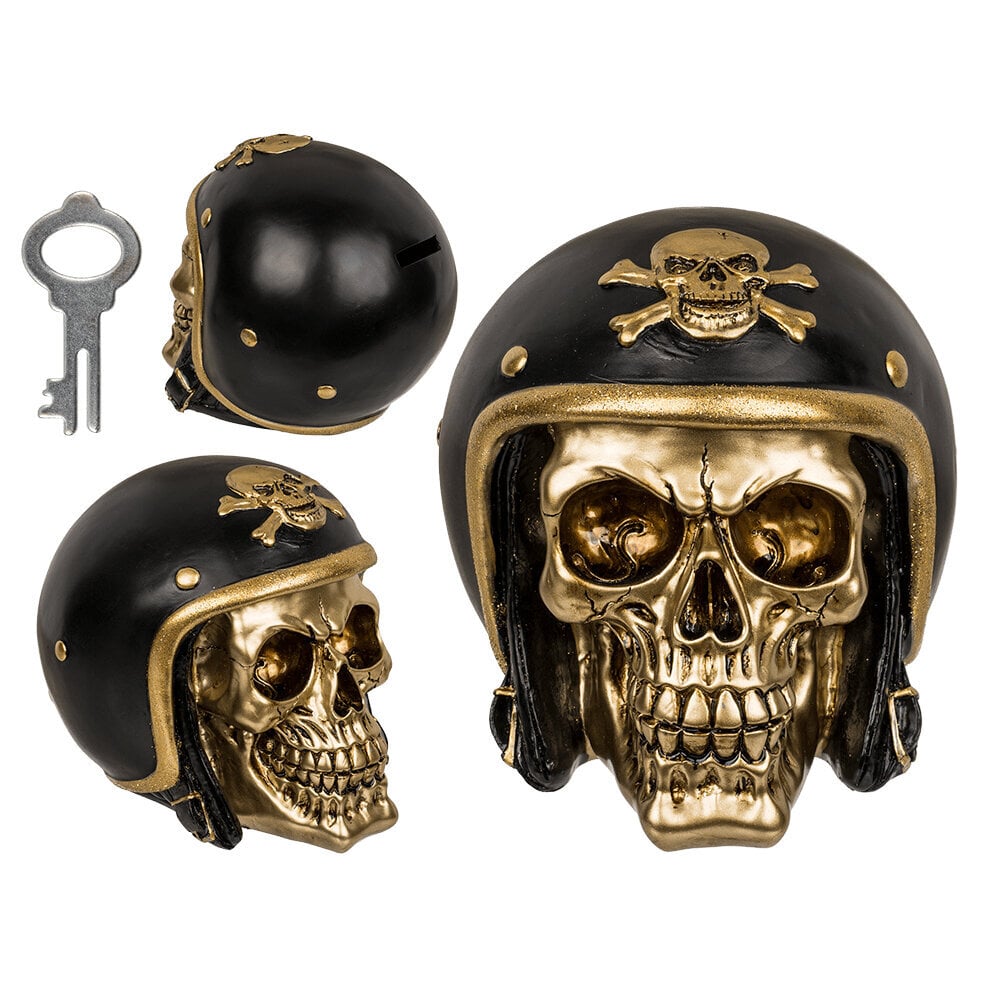 Aukso spalvos kaukolė taupyklė su juodu šalmu kaina ir informacija | Originalios taupyklės | pigu.lt