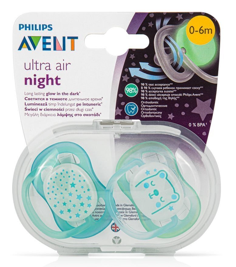 Philips Avent naktiniai čiulptukai, 2 vnt, 0-6m kaina ir informacija | Čiulptukai | pigu.lt