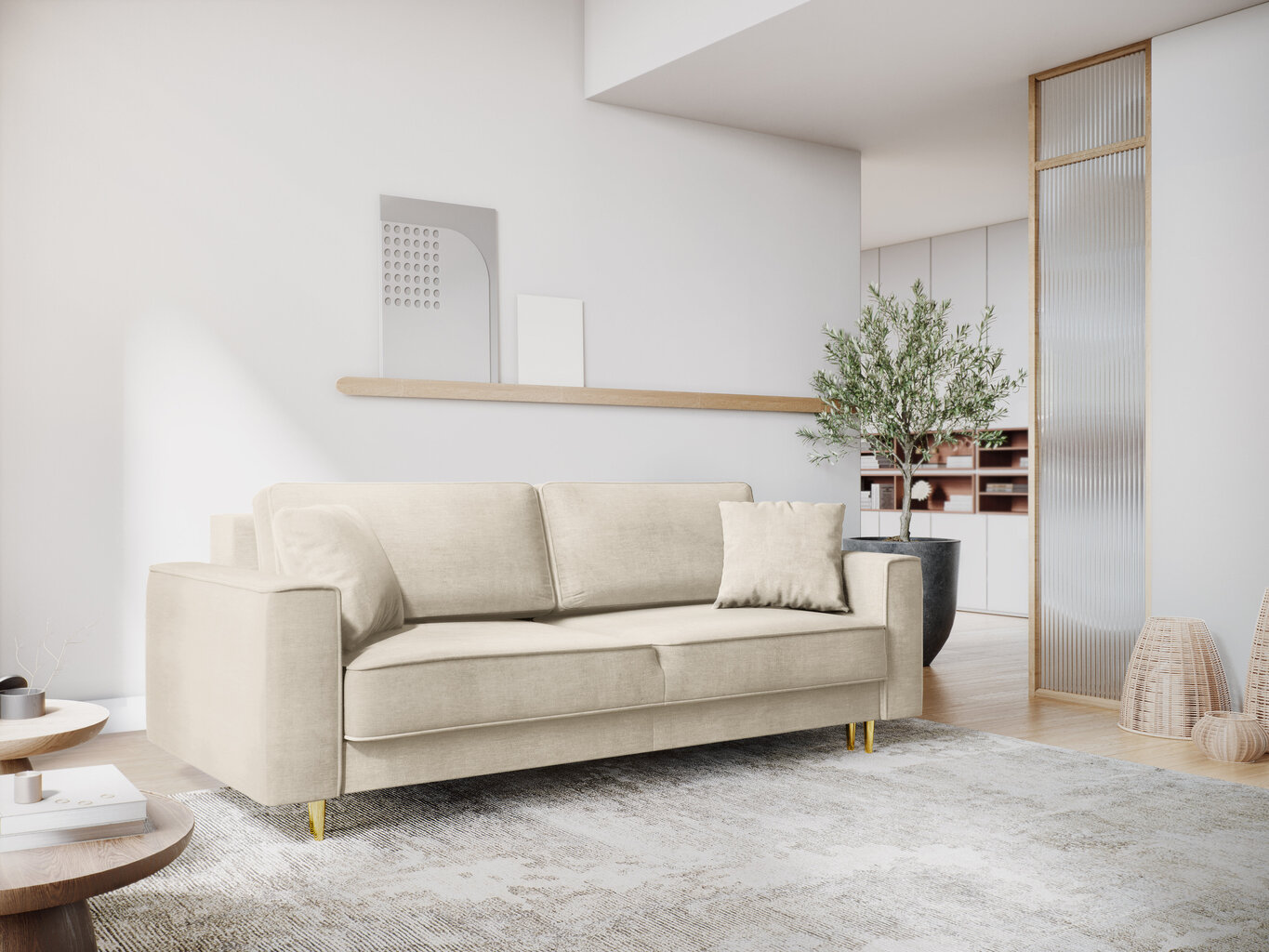 Trivietė sofa Micadoni Home Dunas, smėlio spalvos/auksinės spalvos kaina ir informacija | Sofos | pigu.lt