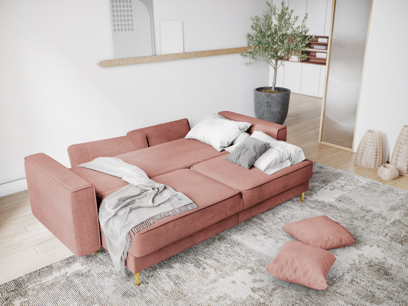 Trivietė sofa Micadoni Home Dunas, rožinė/auksinės spalvos kaina ir informacija | Sofos | pigu.lt