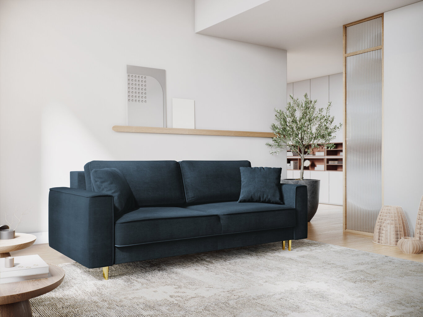 Trivietė sofa Micadoni Home Dunas, tamsiai mėlyna/auksinės spalvos цена и информация | Sofos | pigu.lt