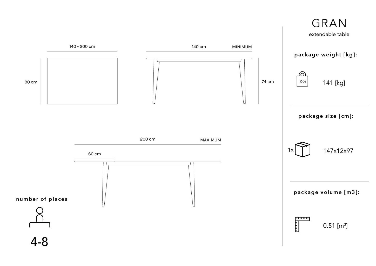 Išskleidžiamas stalas Micadoni Home Gran, 140x90 cm, juodas kaina ir informacija | Virtuvės ir valgomojo stalai, staliukai | pigu.lt