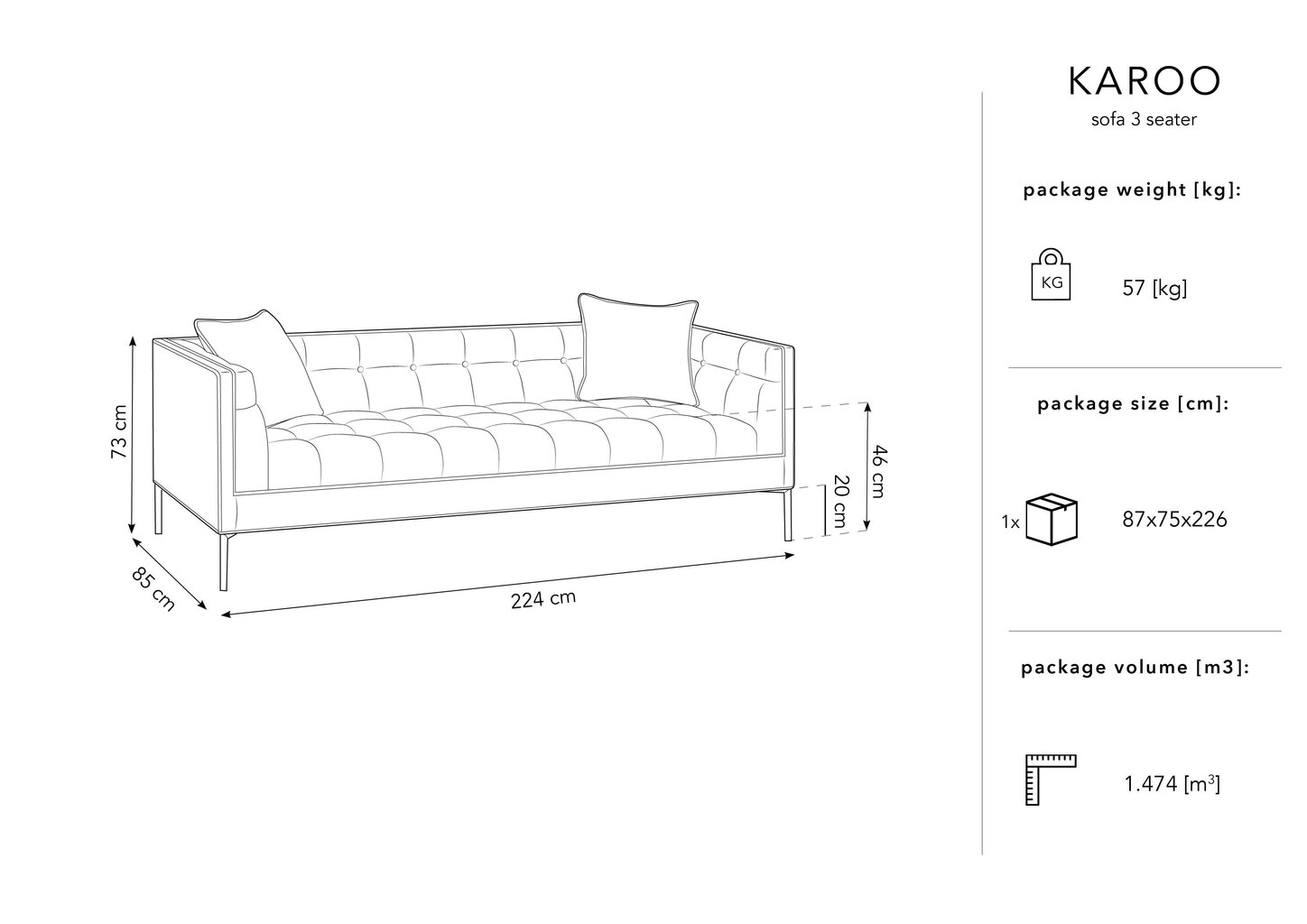 Trivietė sofa Micadoni Home Karoo, šviesiai mėlyna kaina ir informacija | Sofos | pigu.lt