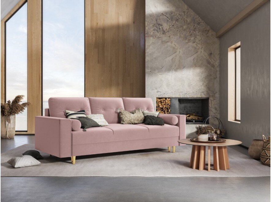 Trivietė veliūrinė sofa Micadoni Home Leona, violetinė/auksinės spalvos kaina ir informacija | Sofos | pigu.lt