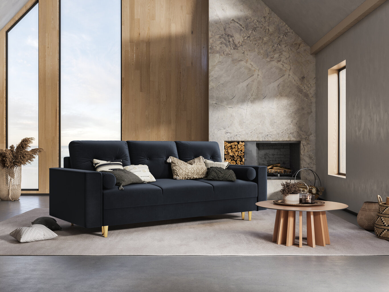 Trivietė veliūrinė sofa Micadoni Home Leona, tamsiai mėlyna/auksinės spalvos цена и информация | Sofos | pigu.lt