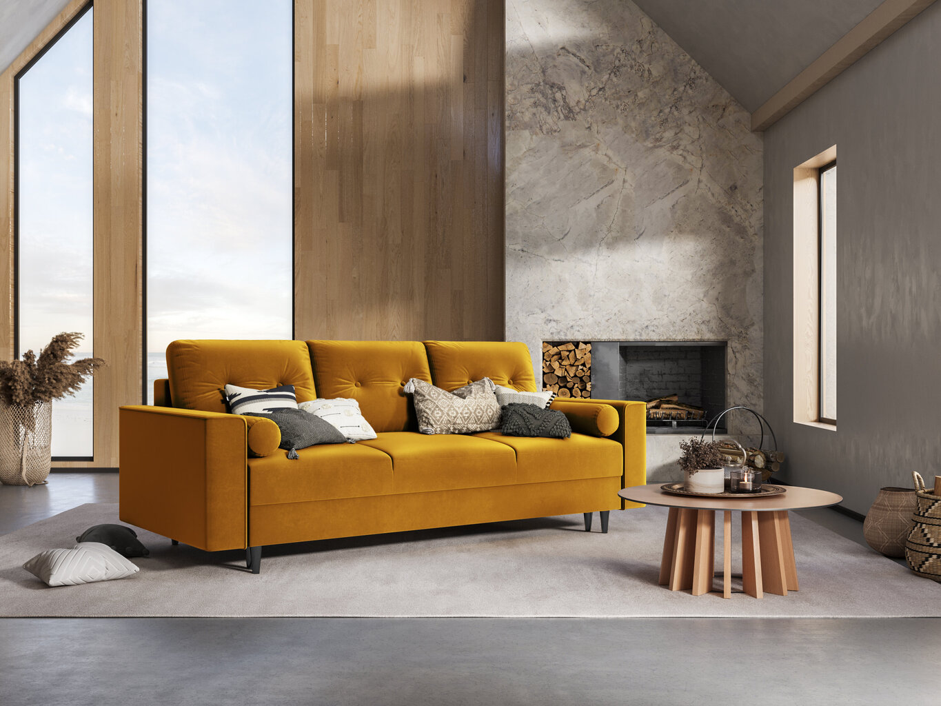 Trivietė veliūrinė sofa Micadoni Home Leona, geltona/juoda kaina ir informacija | Sofos | pigu.lt