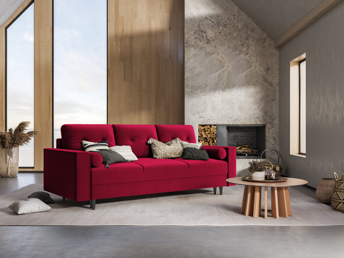 Trivietė veliūrinė sofa Micadoni Home Leona, raudona/juoda kaina ir informacija | Sofos | pigu.lt