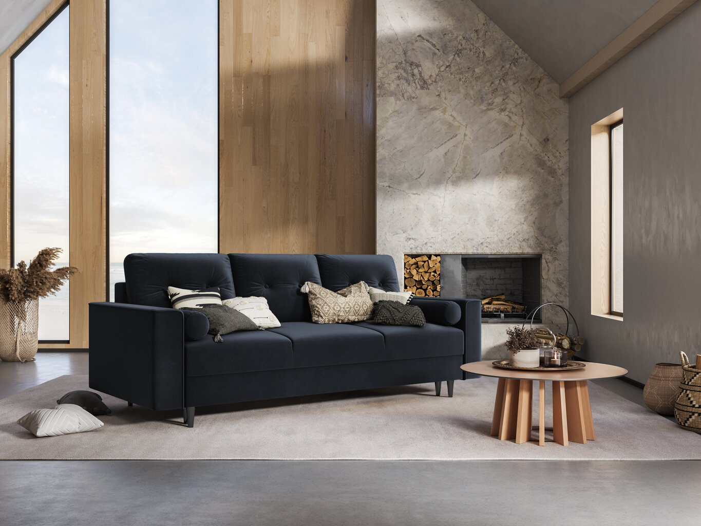 Trivietė veliūrinė sofa Micadoni Home Leona, tamsiai mėlyna/juoda kaina ir informacija | Sofos | pigu.lt