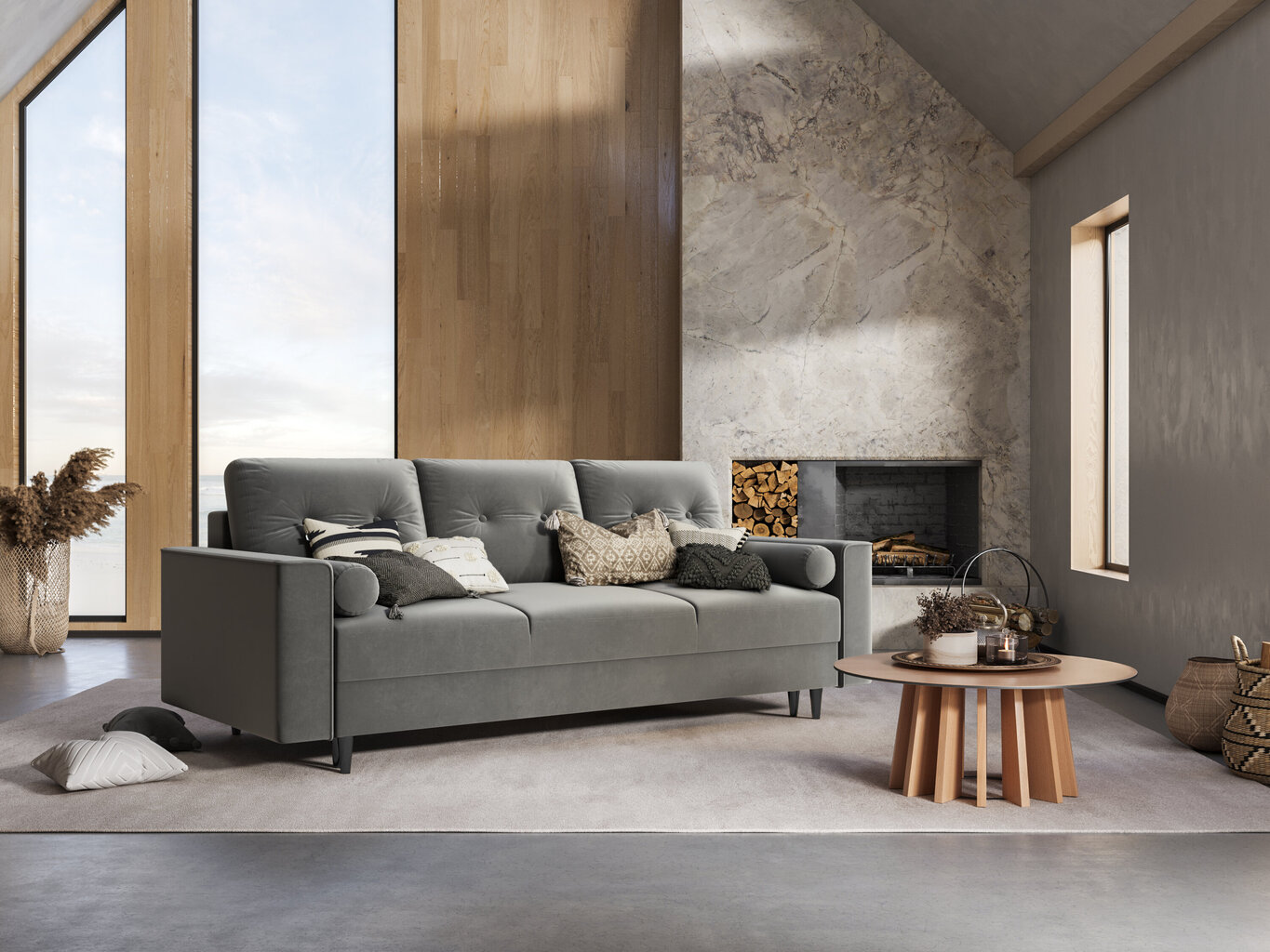 Trivietė veliūrinė sofa Micadoni Home Leona, šviesiai pilka/juoda kaina ir informacija | Sofos | pigu.lt