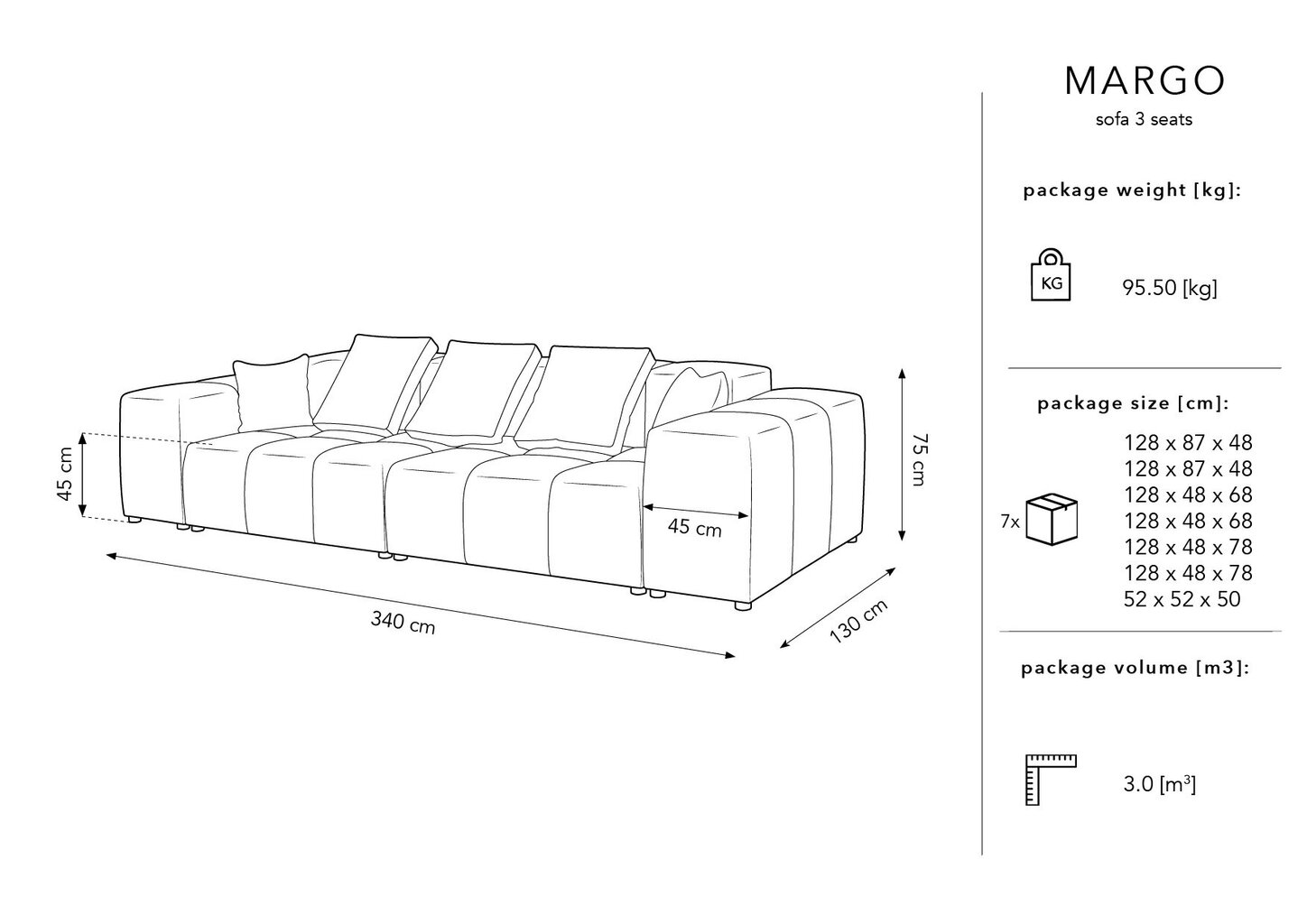 Trivietė veliūrinė sofa Micadoni Home Margo, šviesiai pilka kaina ir informacija | Sofos | pigu.lt