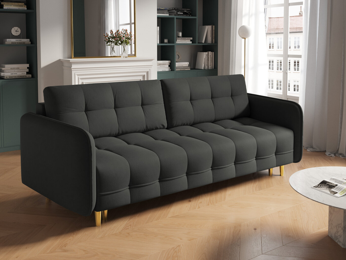 Trivietė sofa Micadoni Home Scaleta, tamsiai pilka/auksinės spalvos kaina ir informacija | Sofos | pigu.lt