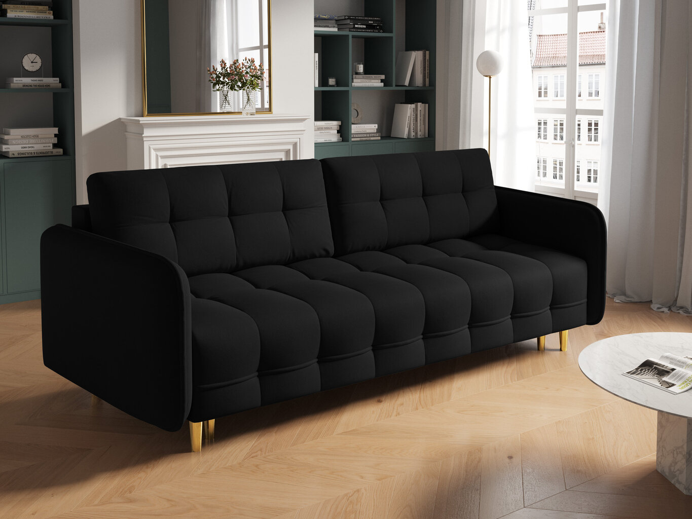 Trivietė sofa Micadoni Home Scaleta, juoda/auksinės spalvos kaina ir informacija | Sofos | pigu.lt