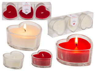 Kvapus stiklo žvakės širdelė 7,5 x 7,5 cm, dovanų dėžutė, raudona, balta, 3 vnt. kaina ir informacija | Žvakės, Žvakidės | pigu.lt