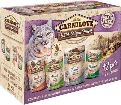 Carnilove Cat Wild Origin Fillets suaugusioms katėms su mėsa, 12x85g kaina ir informacija | Konservai katėms | pigu.lt