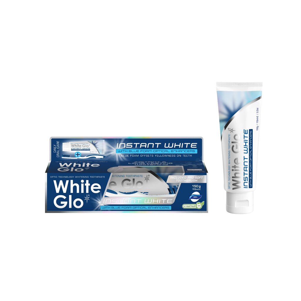 Balinamoji mėlynų putų konsistencijos dantų pasta White glo optic technology instant white whitening toothpaste, 150 g + dantų šepetėlis kaina ir informacija | Dantų šepetėliai, pastos | pigu.lt