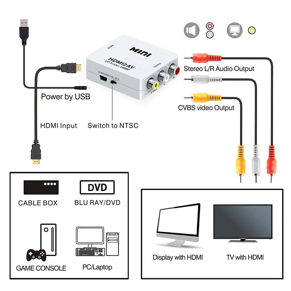 Vaizdo keitimo adapteris HDMI į AV RCA keitiklis kaina ir informacija | Adapteriai, USB šakotuvai | pigu.lt