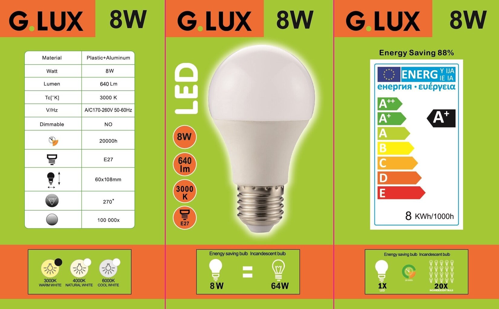 LED lemputės G.LUX GR-LED-A60-P-8W 3000K, 10 vnt pakuotė цена и информация | Elektros lemputės | pigu.lt