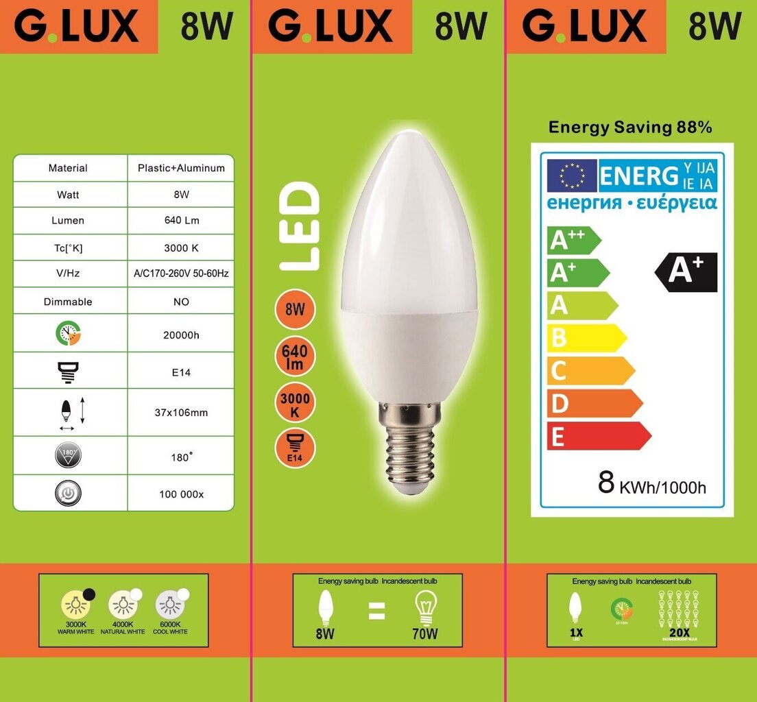 LED lemputės G.LUX GR-LED-C37-8W 3000K, 10 vnt pakuotė kaina ir informacija | Elektros lemputės | pigu.lt