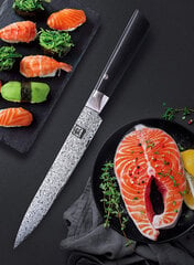 Японский нож из дамасской стали Oleio Zayiko, Black Edition, разделочный (Carving), 21 см цена и информация | Ножи и аксессуары для них | pigu.lt