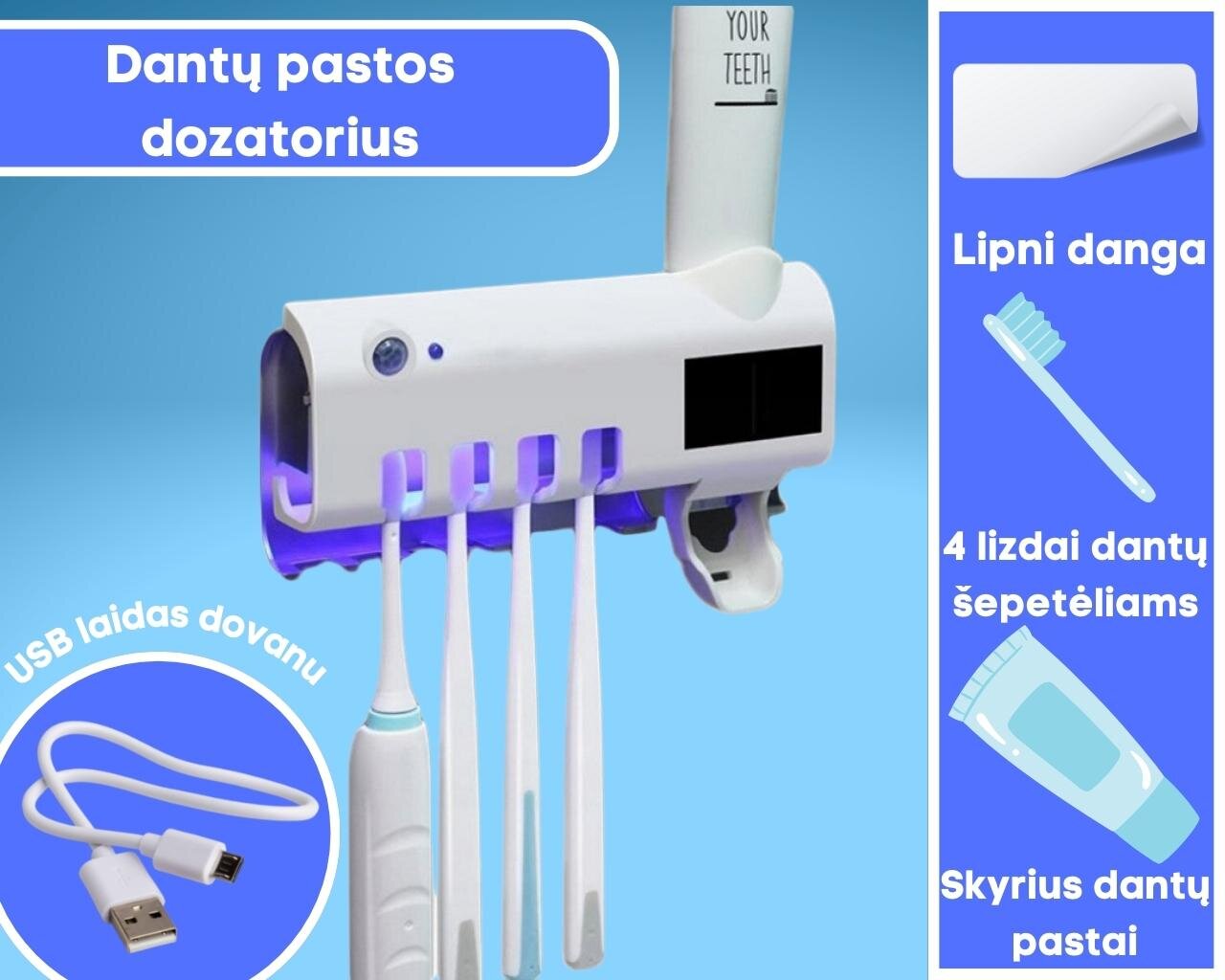 Dantų šepetėlių laikiklis su UV sterilizatoriumi ir dantų pastos dozatoriumi kaina ir informacija | Vonios kambario aksesuarai | pigu.lt