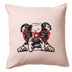 Dekoratyvinė pagalvė „Anglų buldogas su akiniais“, rožinė 50 x 50 cm kaina ir informacija | Dekoratyvinės pagalvėlės ir užvalkalai | pigu.lt